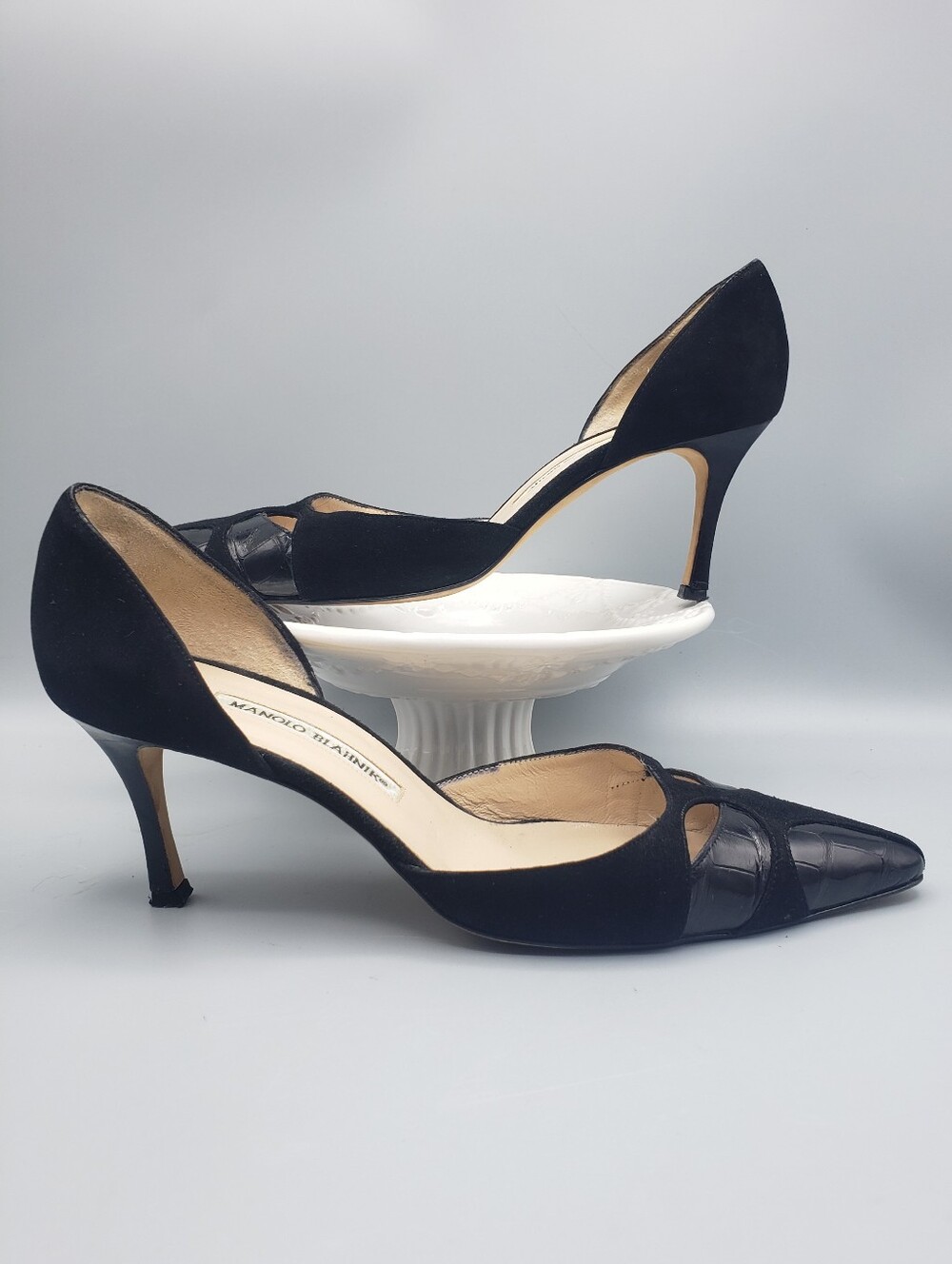 Manolo Blahnik Black Suede & Croc Patent Leather Laser Cut D'Orsay Pumps